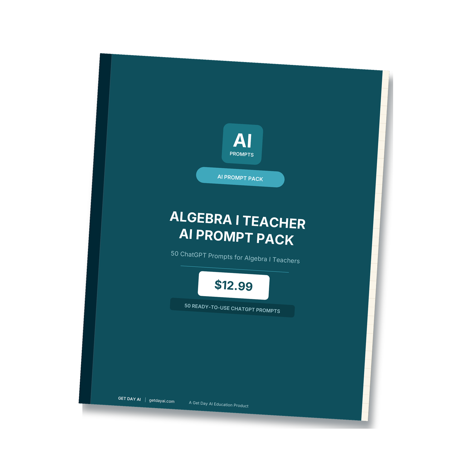 Algebra I Teacher AI Prompt Pack — 3D book cover