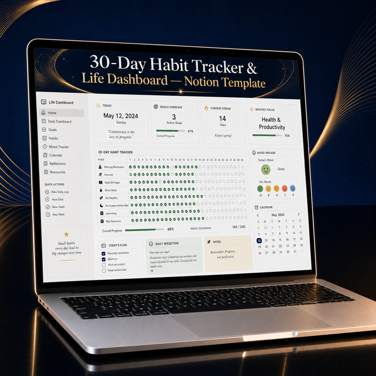 30-Day Habit Tracker & Life Dashboard — Notion Template